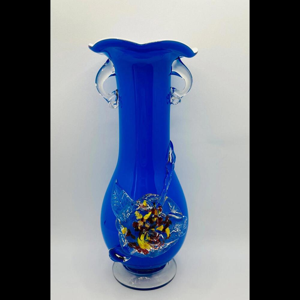 Unique Murano Style Hand Blown Vase | Blue Wrap Glass with Red & Yellow rose
